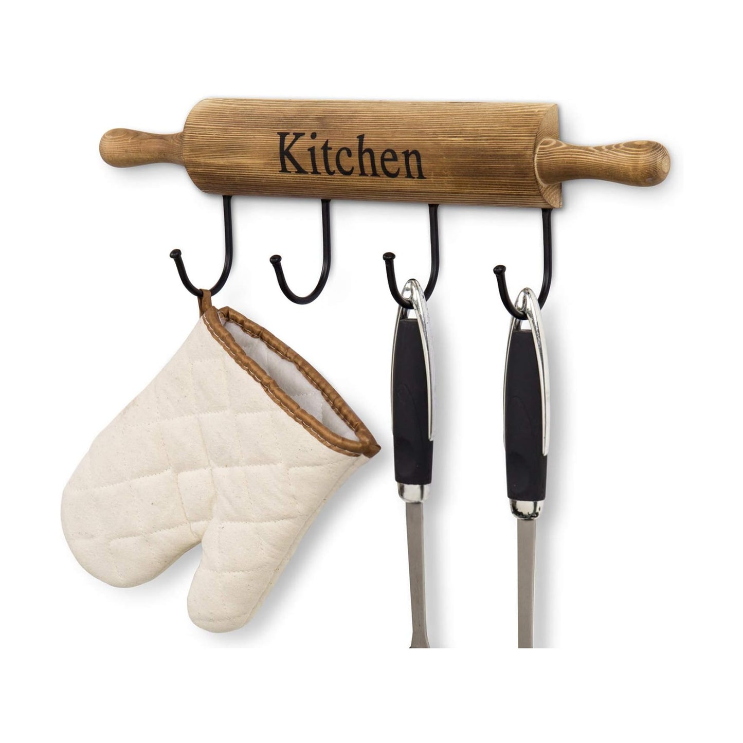 Rustic Burnt Brown Wood Kitchen Hooks for Hanging Cooking Utensils / Rustic Brown