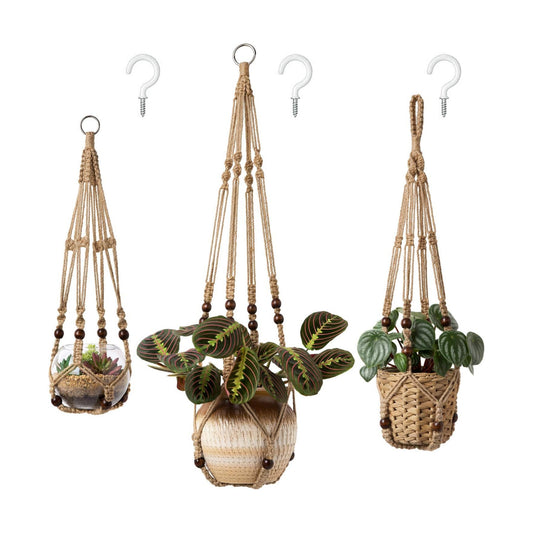 Macrame Plant Hangers Indoor Different Size Hanging Planter Basket / Medium / Brown / Set of 3
