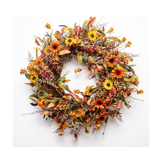 JINGHONG 24 Inch Fall Wreaths for Front Door, Artificial Autumn Wreath with Sunflowers, Berries and Leaves, Thanksgiving Harvest Wreath for Porch Window Farmhouse Home Decor