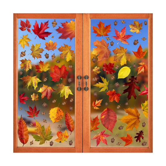 CCINEE 216pcs Maple Window Clings 6 Sheets Fall Leaves Assorted Maple Oak Leaves Acorns Window Stickers for Autumn Thanksgiving Halloween Seasonal Holiday Glass Window Decorations