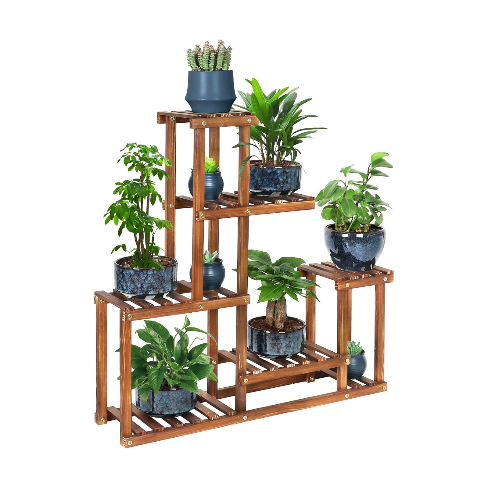 Wood Plant Stand Indoor Outdoor Multi Tiered Plant Shelf Holder | Corner High Low Flower Rack Stand for Multiple Plants
