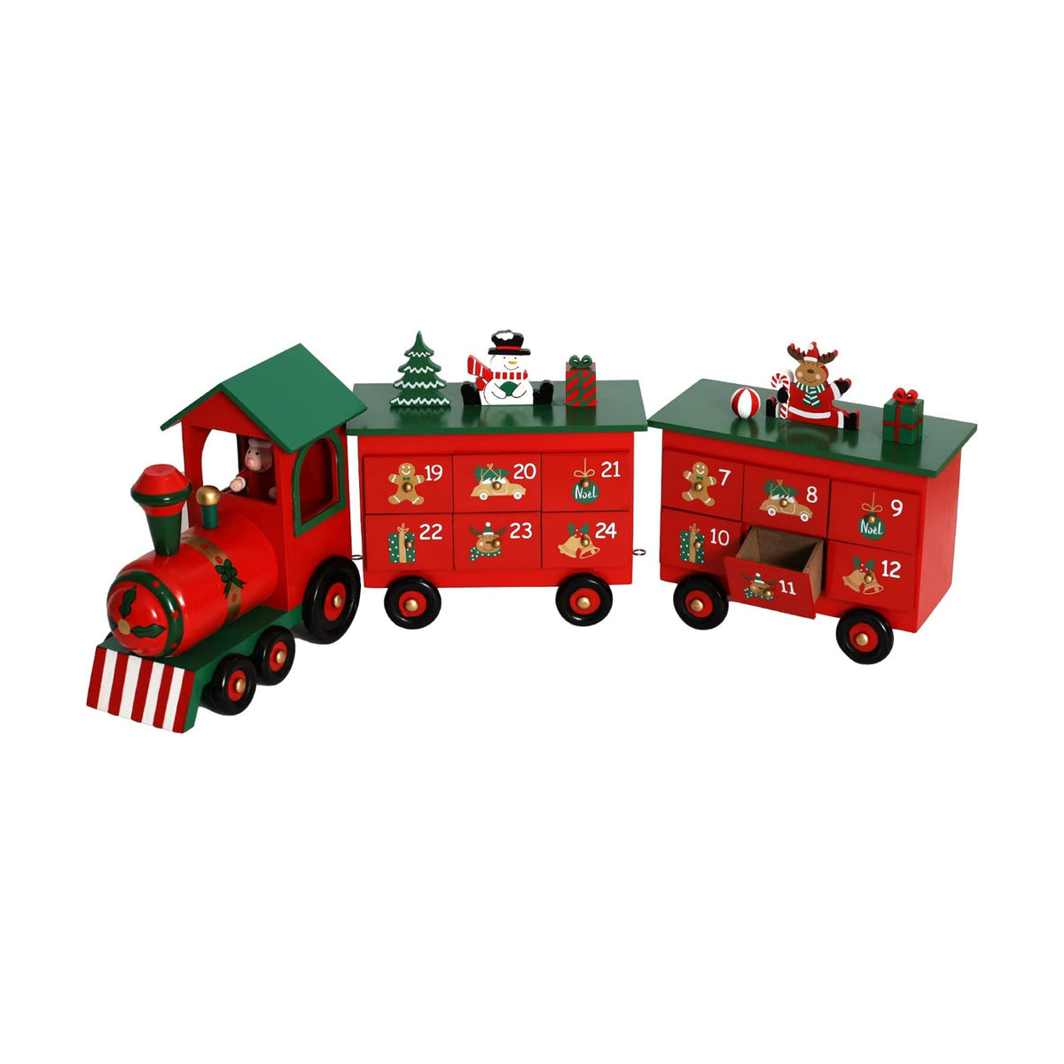 Christmas Wooden Advent Calendar Train with 24 Drawers for Adults Kids Christmas Countdown Decoration (Red&Black&Green Big Train) 24 Inch