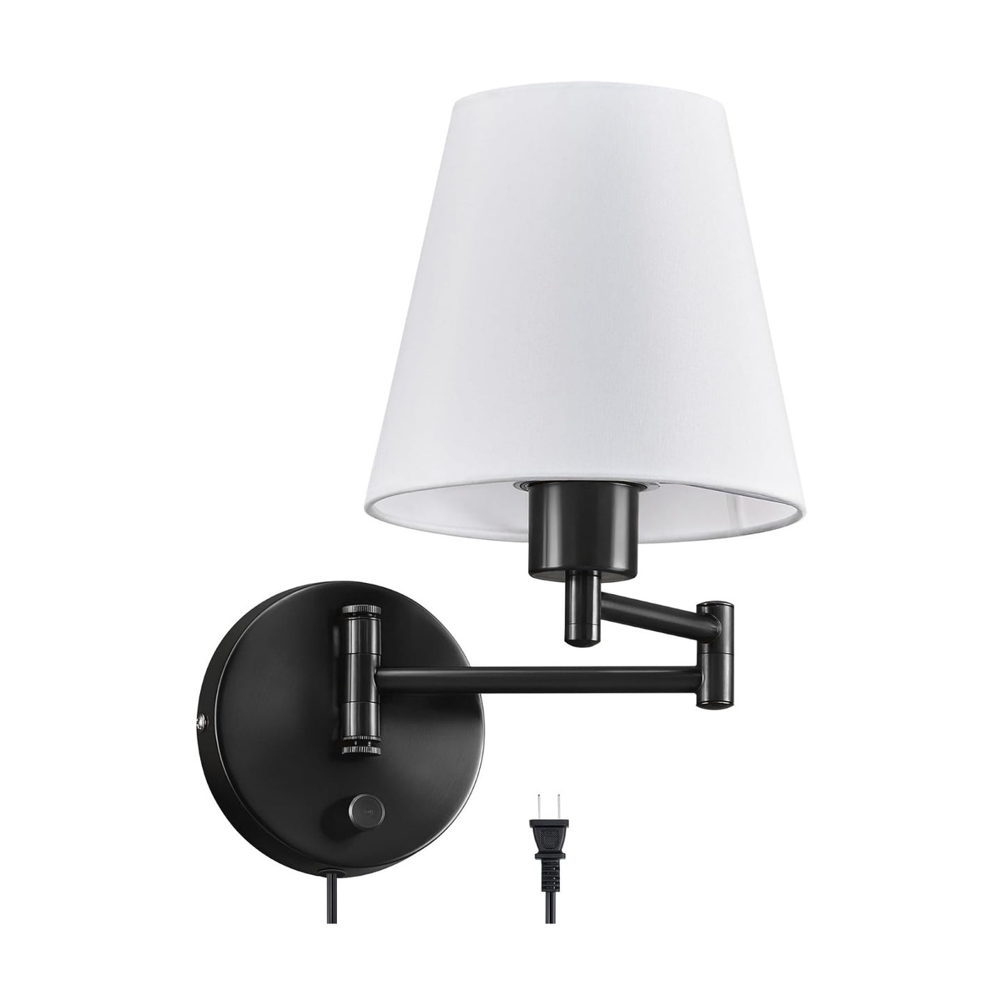 VONLUCE Wall Lamp, Plug in & Swing Arm Wall Sconce, Black Finish | Modern Wall Lights with White Fabric Shades, Plug in