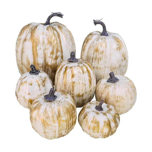 7 Pcs Assorted Sizes Fall Artificial Pumpkins Harvest Pumpkins Faux Foam Pumpkins for Fall Autumn Season Halloween Thanksgiving Harvest Holiday Season Festive Tabletop Decoration (Gold Brush White)