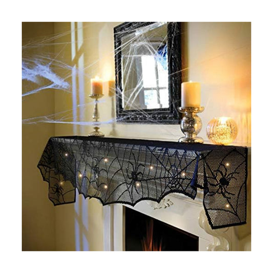 FUN LITTLE TOYS Halloween Decorations Indoor - Mantel with String Lights Lace Spiderweb Decor Inside for Home Party Supplies (18 x 96 inch)