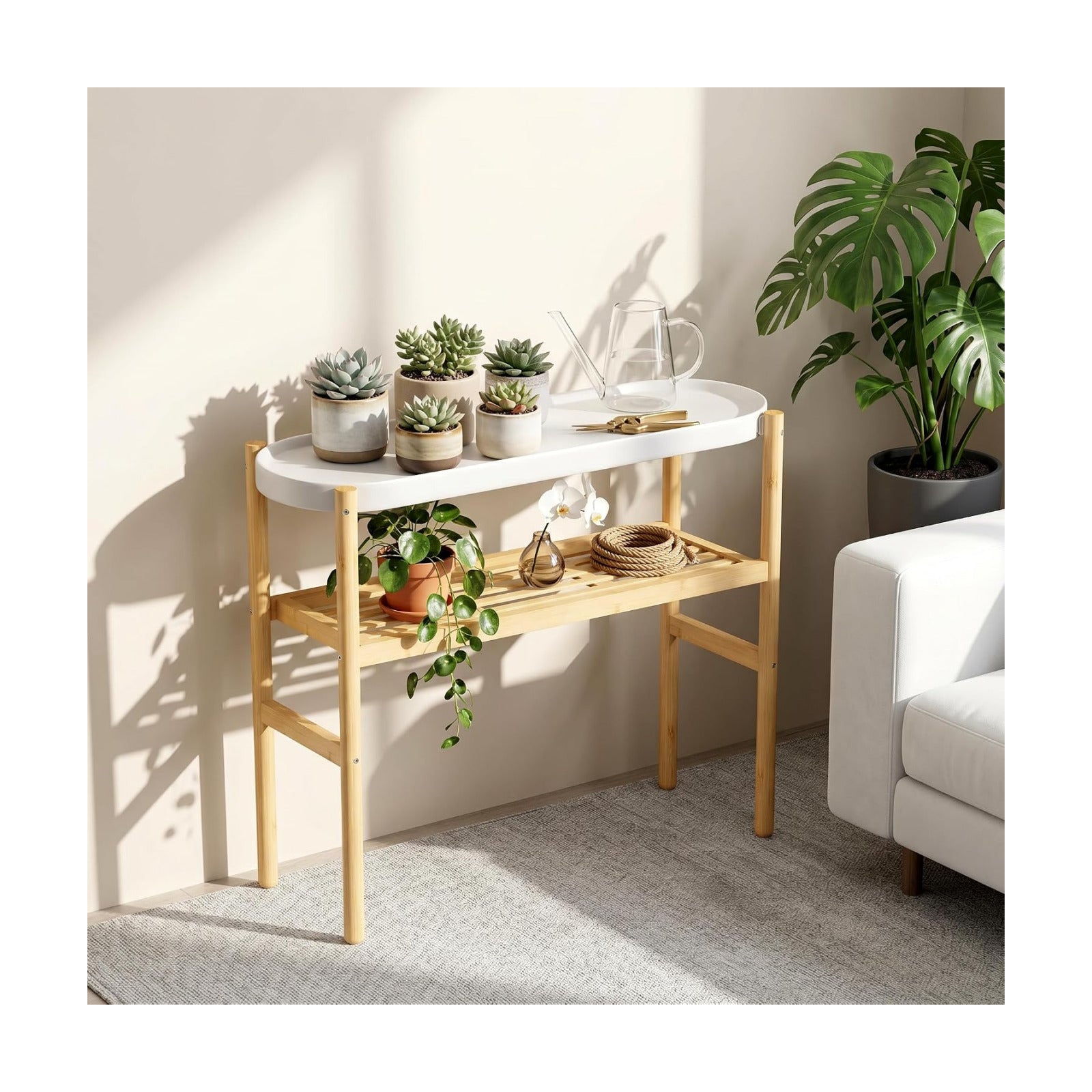 Bamboo Plant Stand Indoor, 47" 2-Tier Plant Shelf Table for Multiple Plants | Easy-Clean Steel Top | Smooth Bamboo
