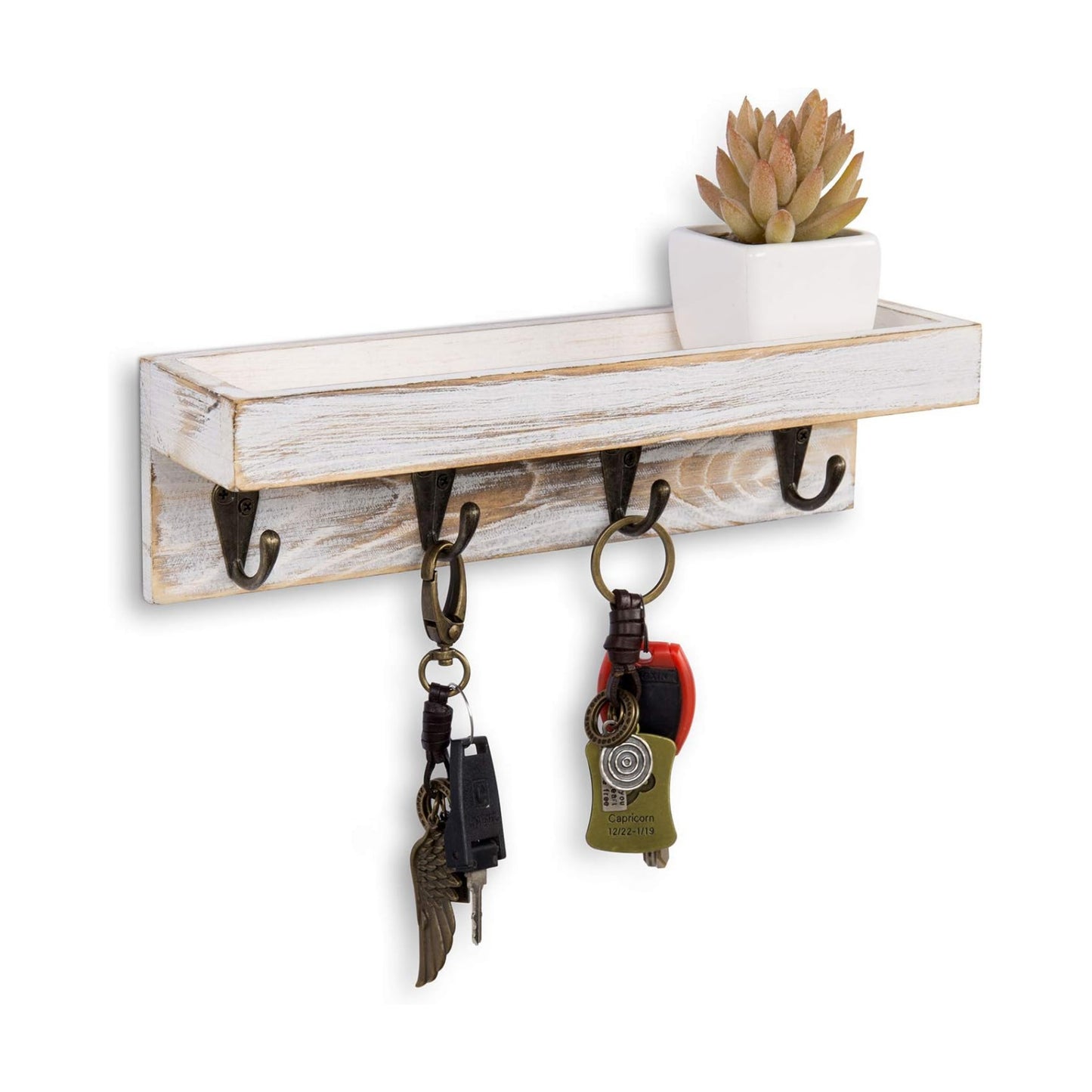 4 Metal Key Hooks / Whitewashed / 10 Inch