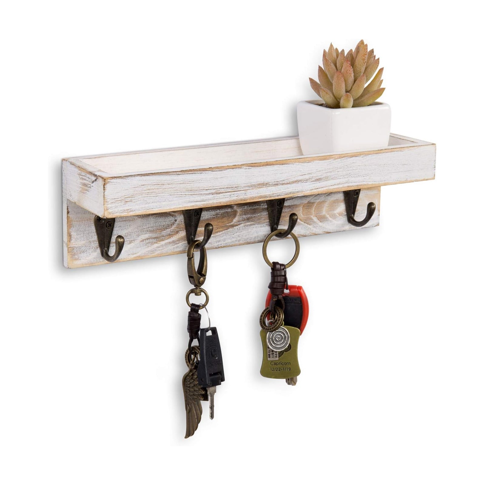 4 Metal Key Hooks / Whitewashed / 10 Inch
