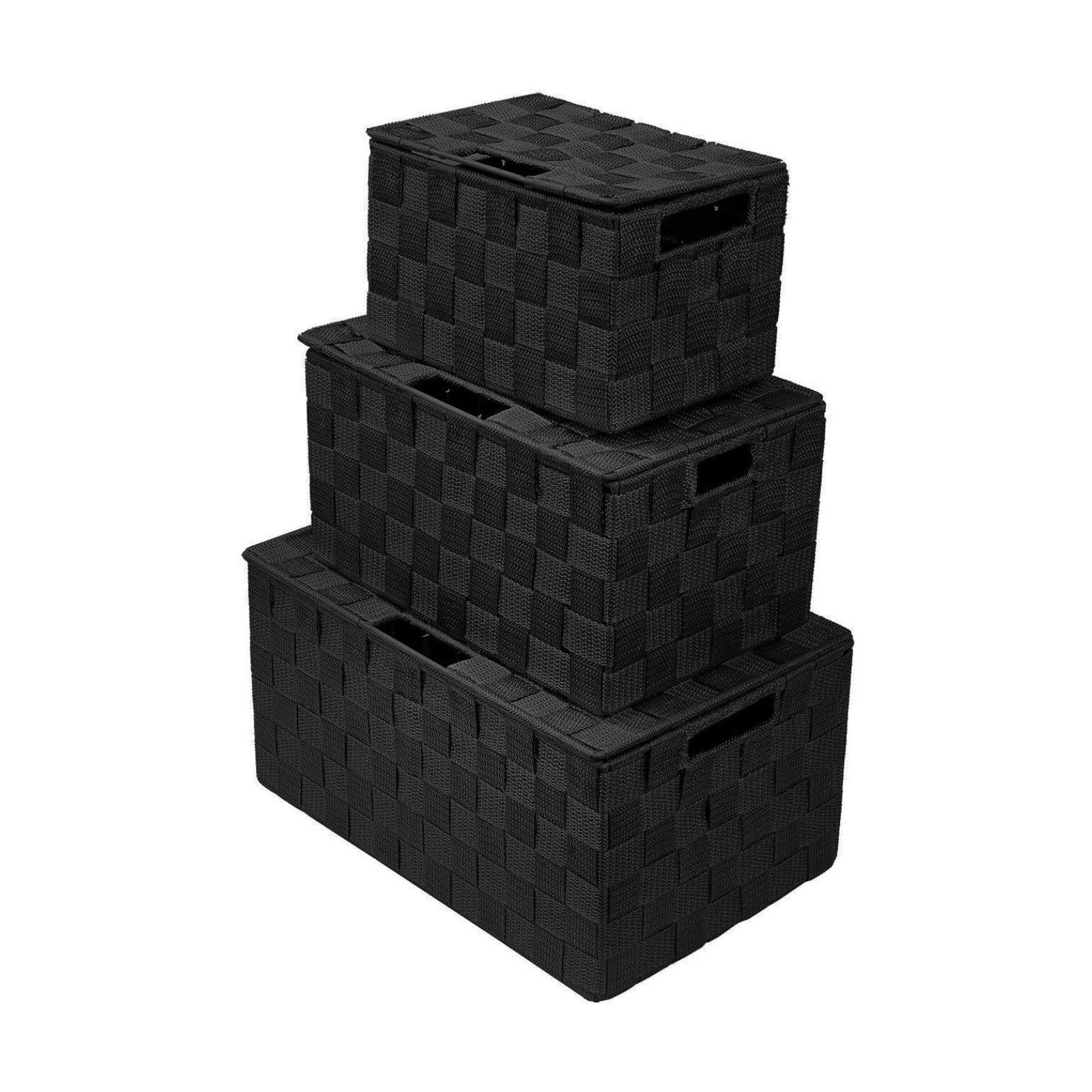 Woven Storage Baskets / Lid Bins / Black / Set of 3