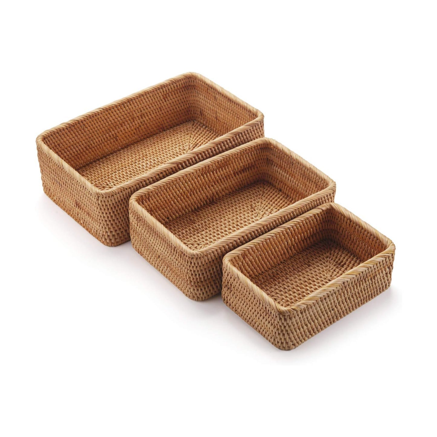 Rattan Fruit Storage Baskets Woven Wicker Box for Key Holder / Rectangular / Natural / Set of 3