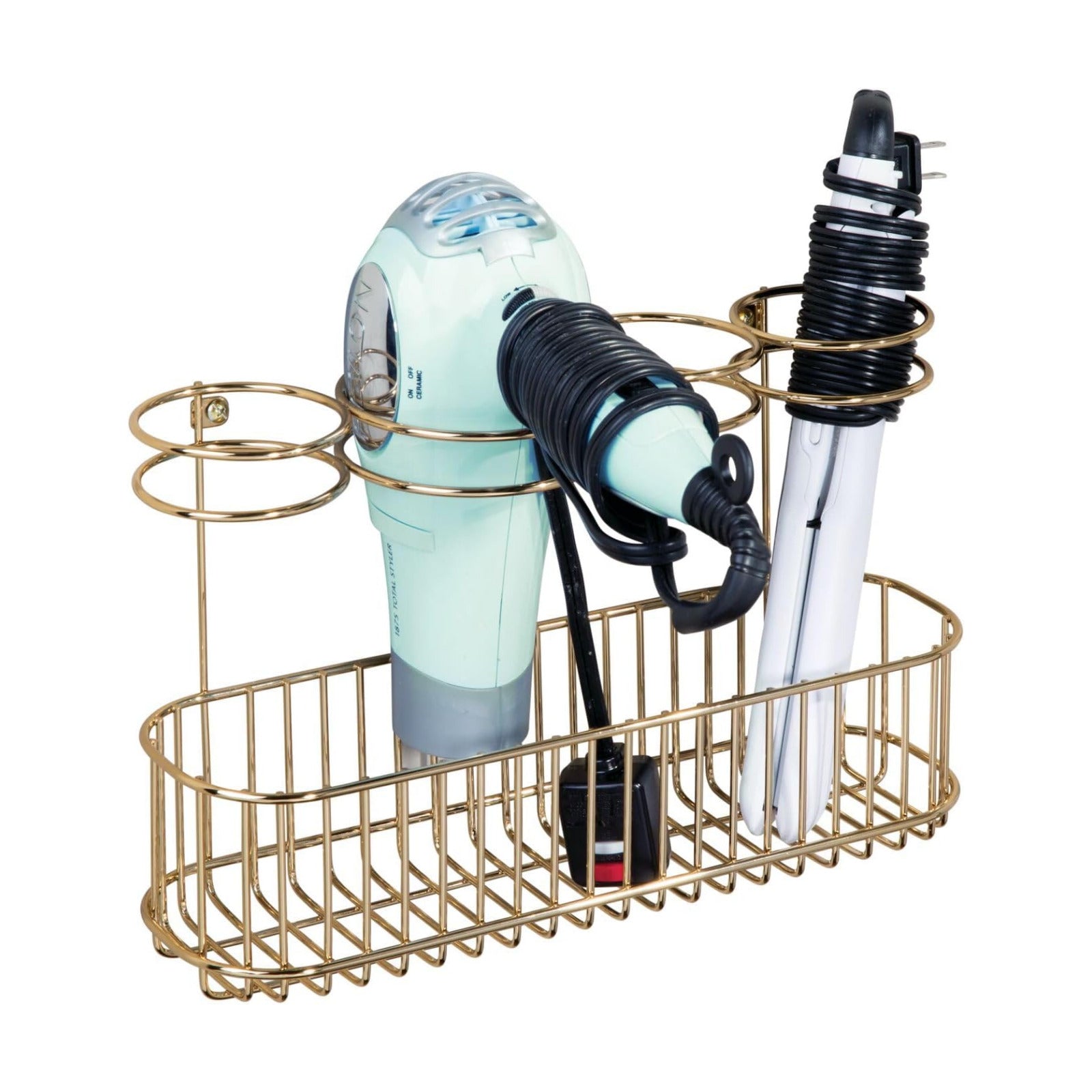 mDesign Hair Dryer Caddy – Wall Mounted Storage Rack with 4 Compartments – Hair Tool Organiser for Dryers, Curling