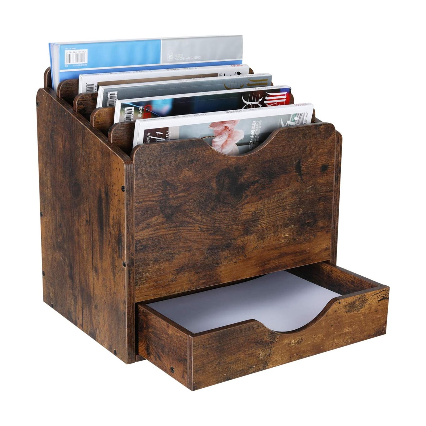 Wood Desktop File Holder Organizer Mail Sorter with Drawer, for File Folders, Mails, Envelopes, Mailing Supplies or