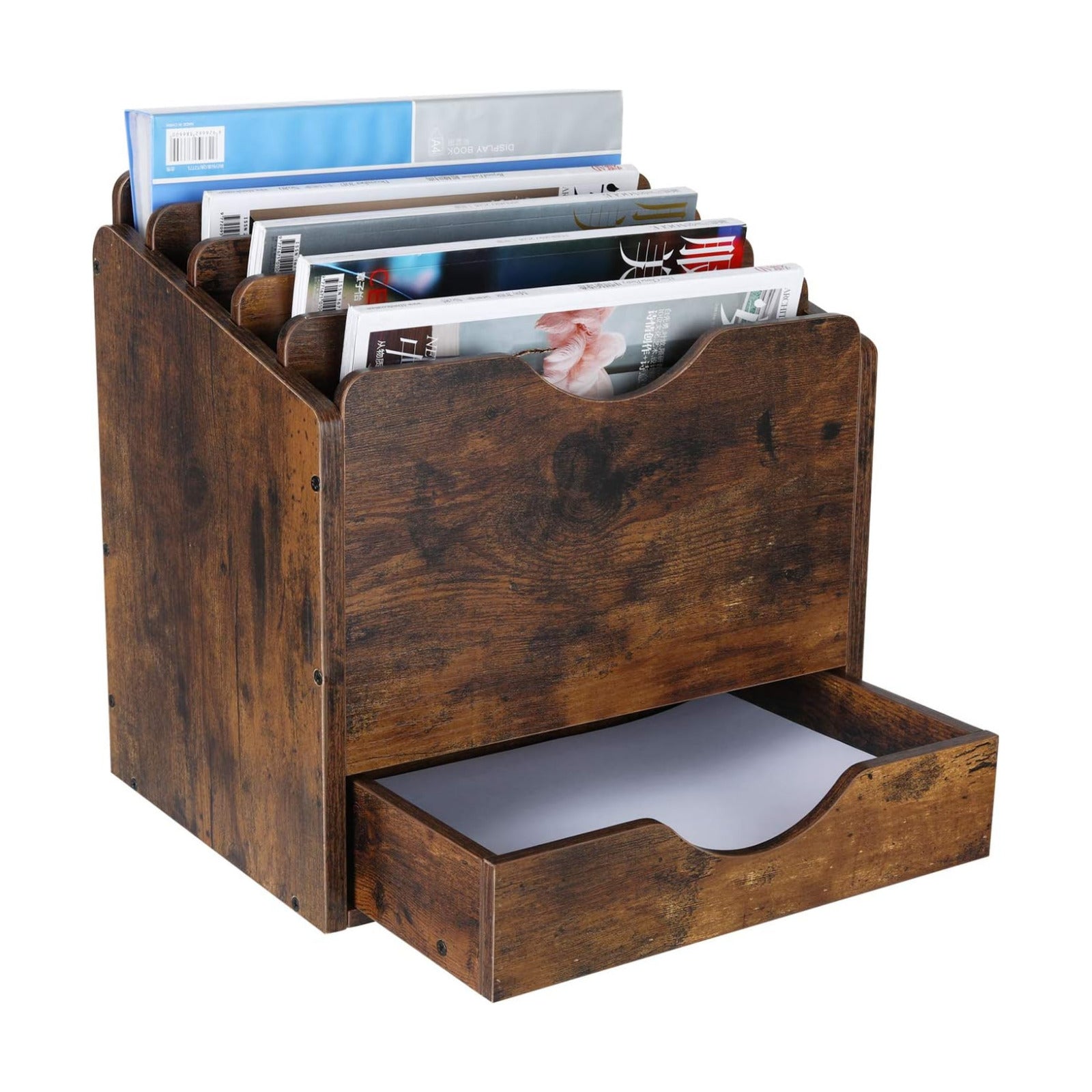Wood Desktop File Holder Organizer Mail Sorter with Drawer, for File Folders, Mails, Envelopes, Mailing Supplies or