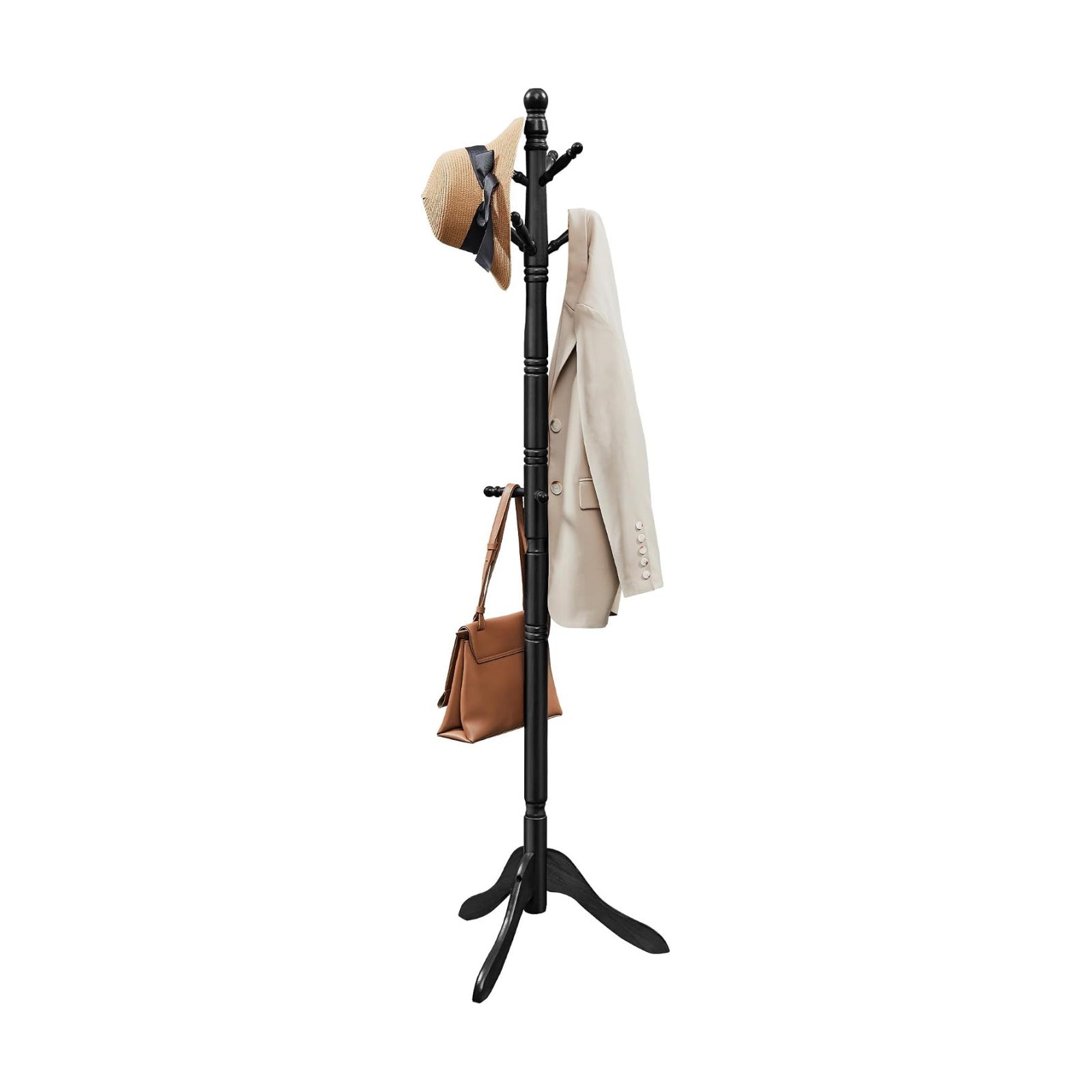 VASAGLE Solid Wood Coat Rack and Stand, Free Standing Hall Coat Tree with 10 Hooks for Hats, Bags, Purses, for