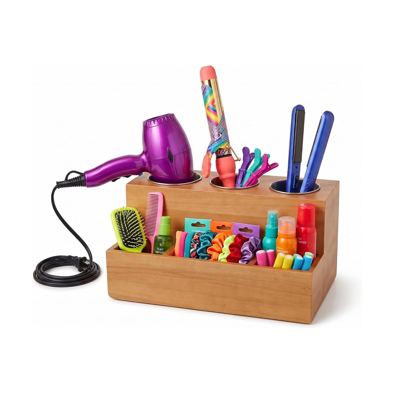 Hair Tools Organizer - Wood Tan - Blow Dryer, Straightener, Curling Wand, Brushes Holder - Vanity & Bathroom Storage