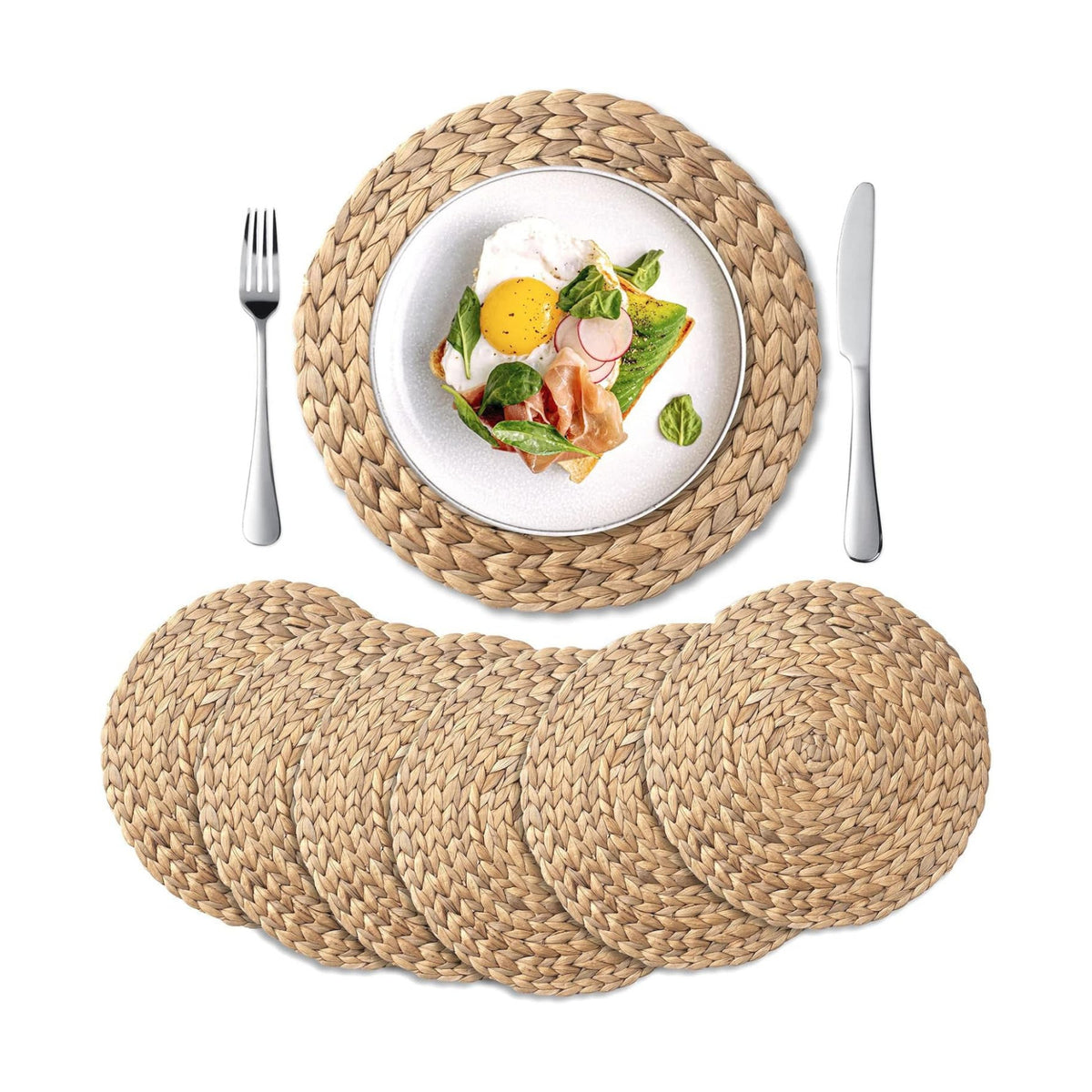 6 Pack, Round Woven Placemats, Natural Water Hyacinth Wicker Place mats, Braided Straw Table Mats, Charger Plates for Dining Table, Fall, Thanksgiving, Christmas (13.8 inch)