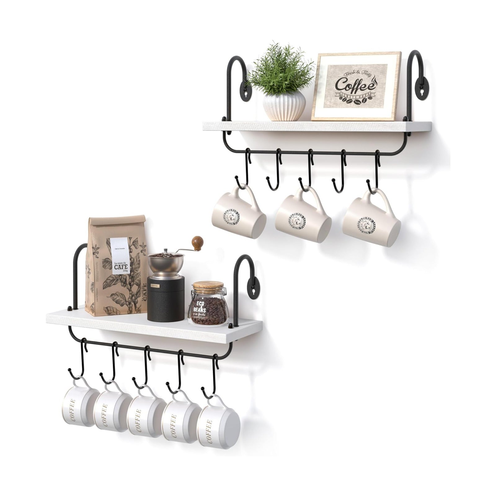 Olakee Floating Wall Shelves for Kitchen Bathroom Coffee Nook with 10 Adjustable Hooks for Mugs Cooking Utensils or