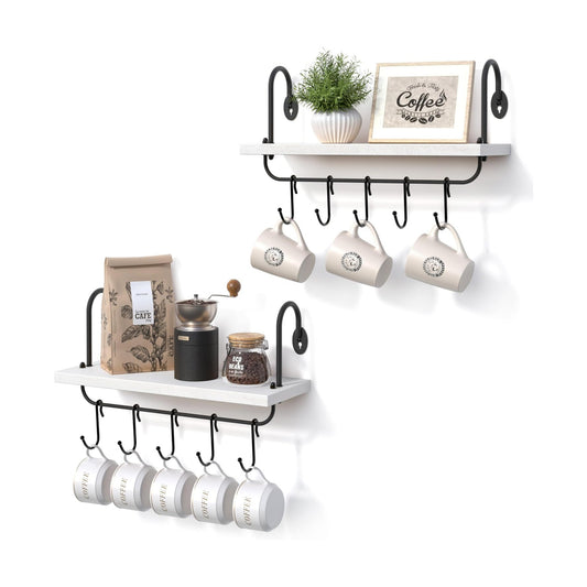 Olakee Floating Wall Shelves for Kitchen Bathroom Coffee Nook with 10 Adjustable Hooks for Mugs Cooking Utensils or