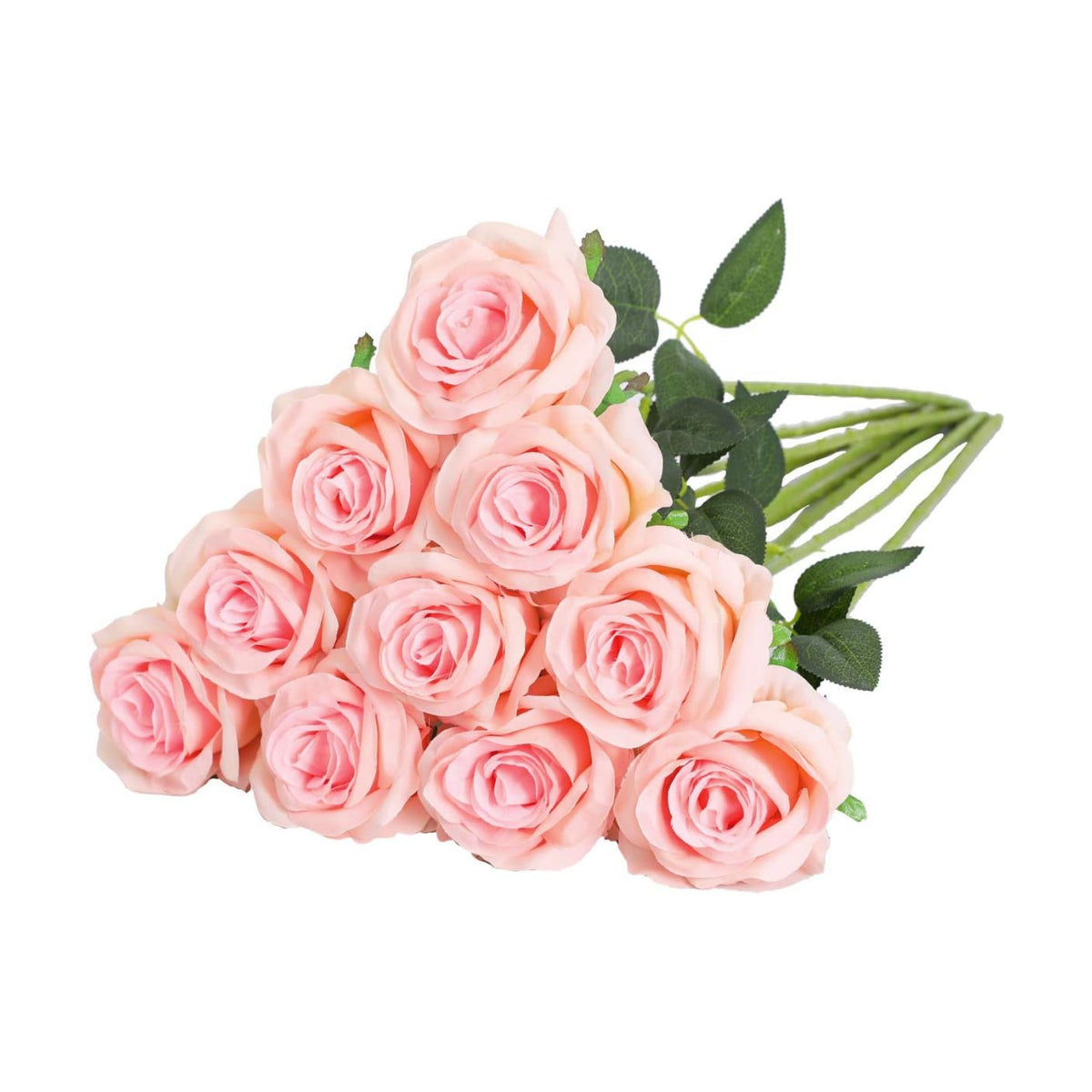 10pcs Light Pink Roses Artificial Flowers, Realistic Faux Rose with Stem