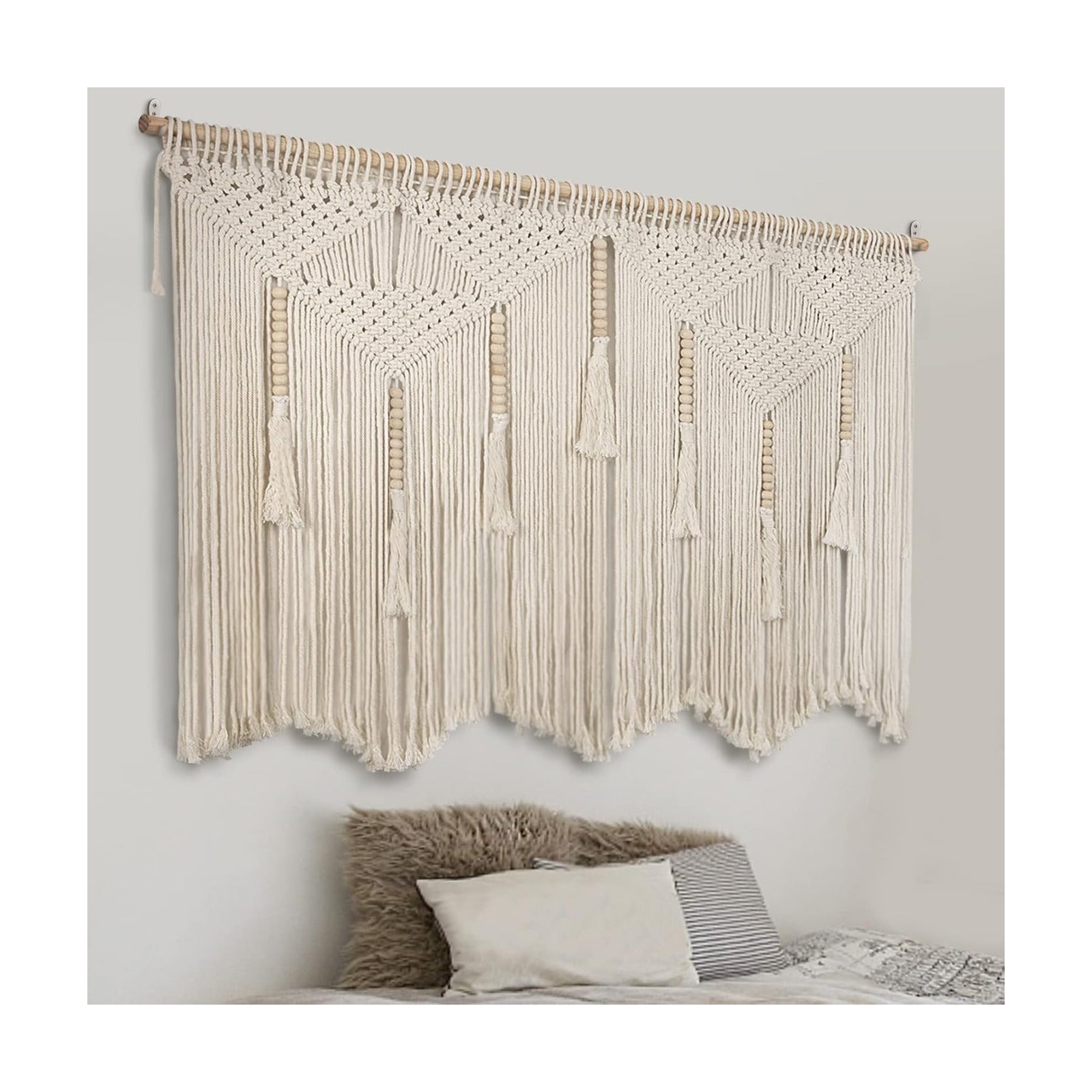 Large Macrame Wall Hanging " Boho Tapestry Woven Wall Decor- Cotton Tassel / Beige / 43.3 x 39.4