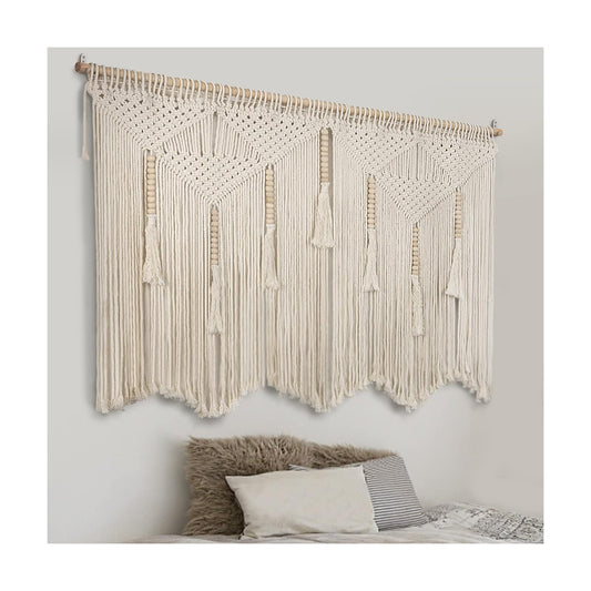 Large Macrame Wall Hanging " Boho Tapestry Woven Wall Decor- Cotton Tassel / Beige / 43.3 x 39.4