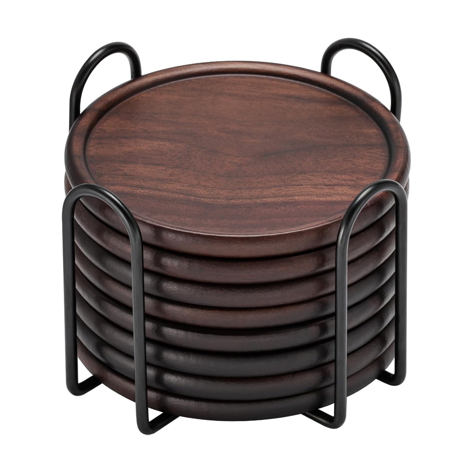 Walnut Wooden Coaster Tabletop Protection for Drinks Coffee / Coasters with Metal Holder / Set of 8