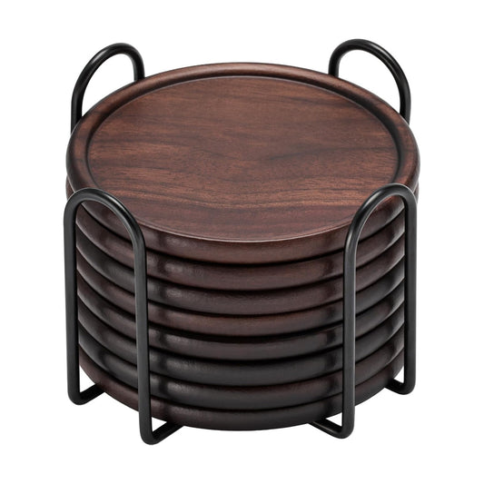 Walnut Wooden Coaster Tabletop Protection for Drinks Coffee / Coasters with Metal Holder / Set of 8