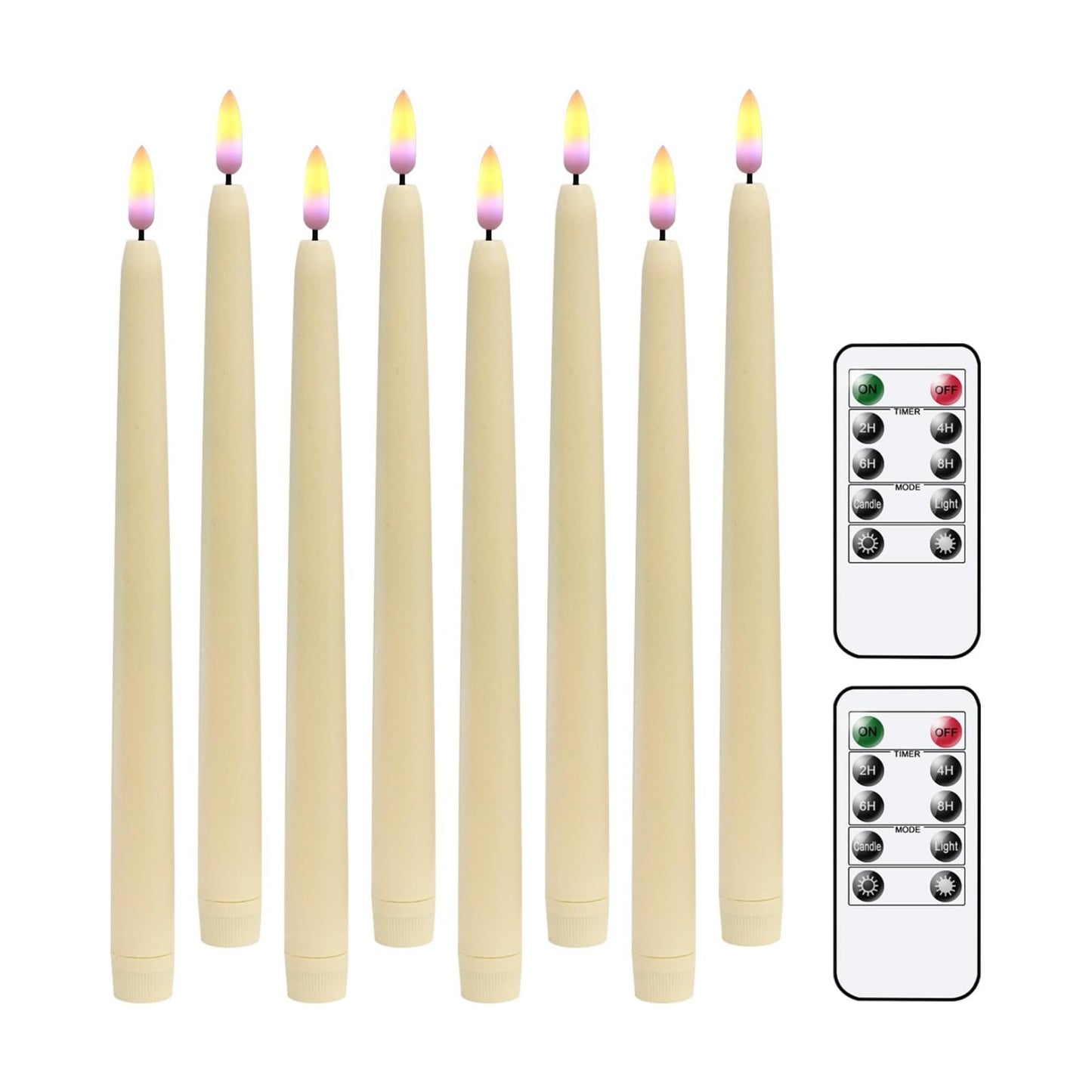 Ivory Flameless Taper Candles Battery Operated Remote Timer 8 Pack | 3D Wick Flickering LED Candlesticks, 400 Hours