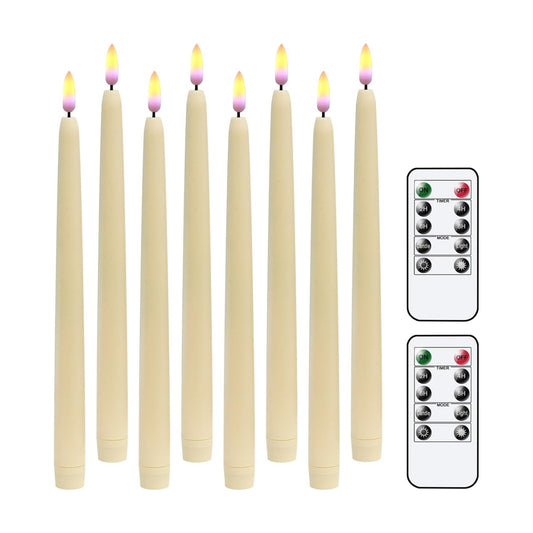 Ivory Flameless Taper Candles Battery Operated Remote Timer 8 Pack | 3D Wick Flickering LED Candlesticks, 400 Hours