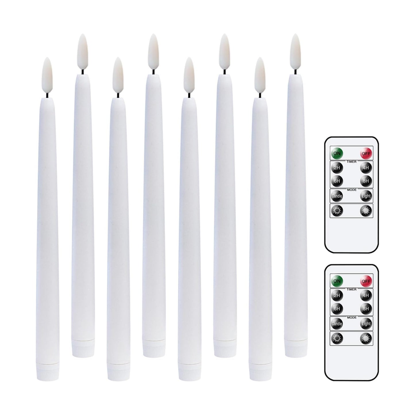 White Flameless Taper Candles Battery Operated Remote Timer 8 Pack | 3D Wick Flickering LED Candlesticks, 400 Hours