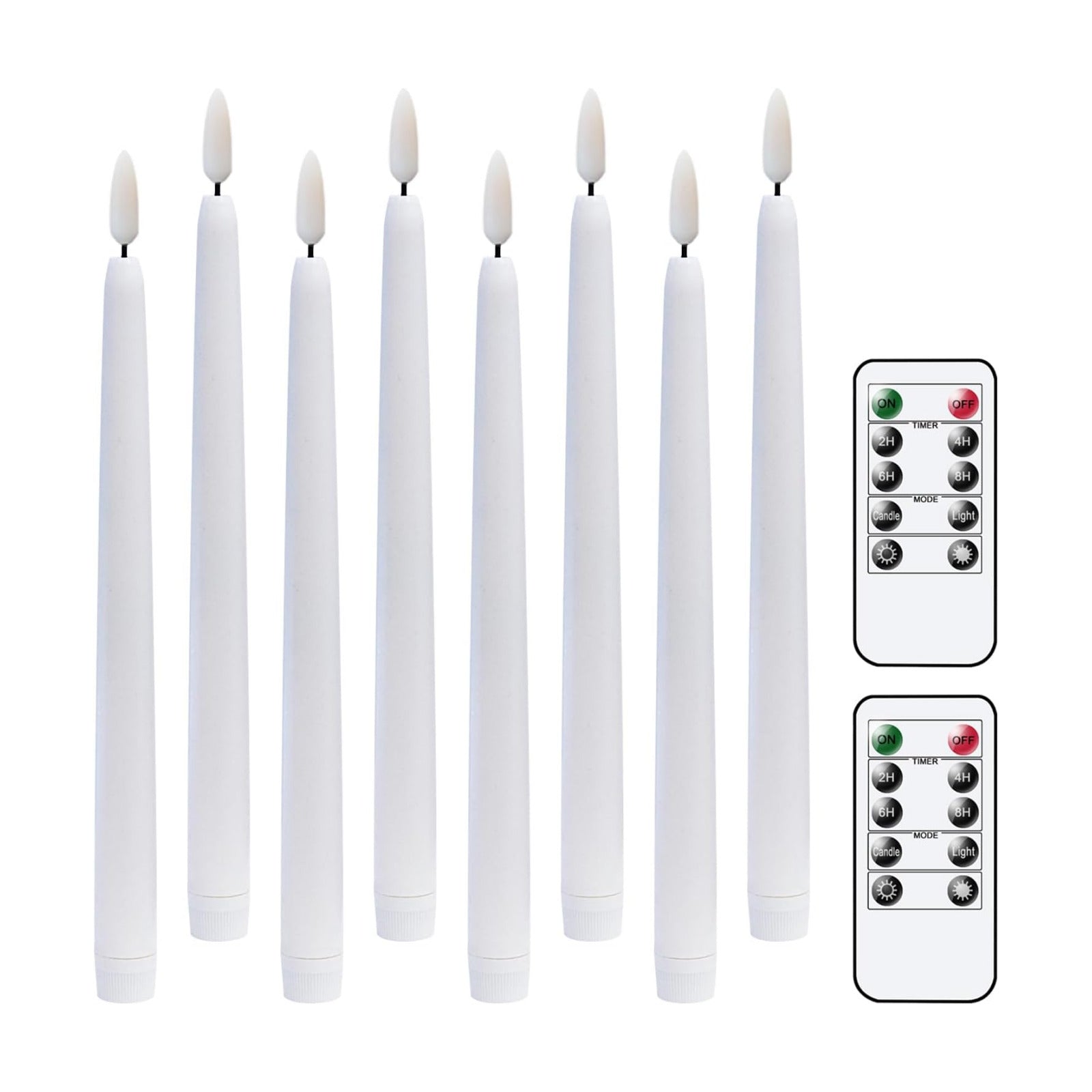 White Flameless Taper Candles Battery Operated Remote Timer 8 Pack | 3D Wick Flickering LED Candlesticks, 400 Hours