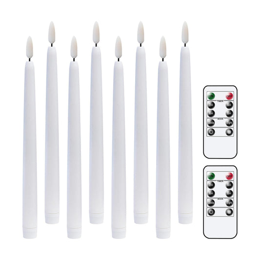 White Flameless Taper Candles Battery Operated Remote Timer 8 Pack | 3D Wick Flickering LED Candlesticks, 400 Hours