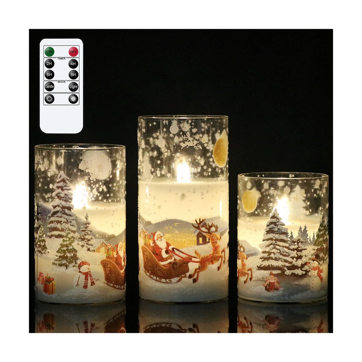 Santa Claus Glass Flameless Candles Battery Operated Remote and Timer Real Wax LED Flickering Pillar Candles White Cold