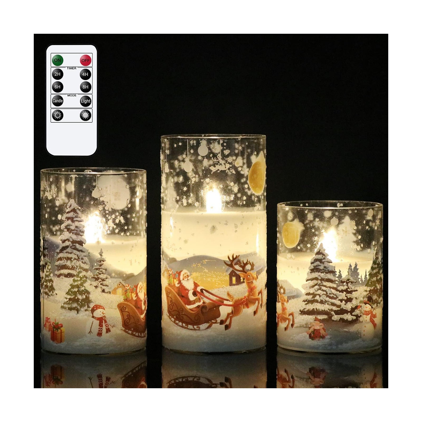 Santa Claus Glass Flameless Candles Battery Operated Remote and Timer Real Wax LED Flickering Pillar Candles White Cold