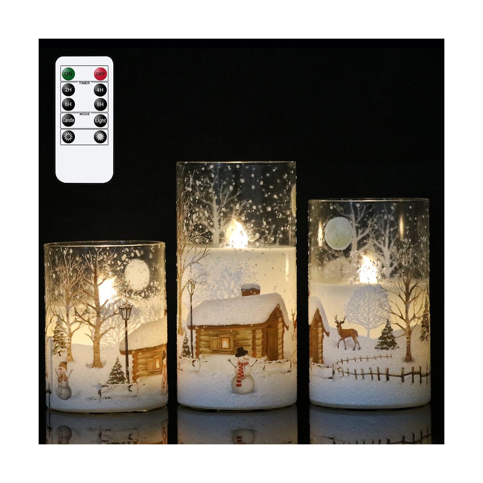 Snowman Glass Flameless Candles Battery Operated with Remote and Timer Real Wax LED Flickering Pillar Candles White