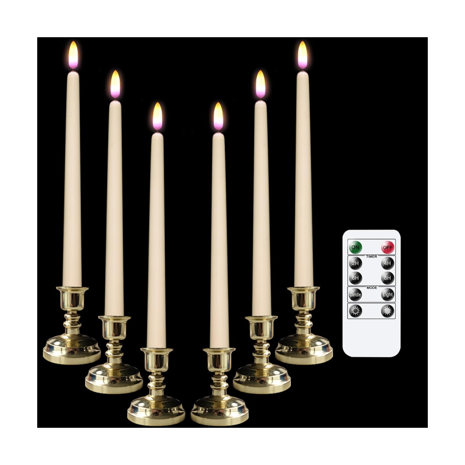 Flameless Window Taper Candles Battery Operated with Remote Timer | 3D Wick Flickering Ivory LED Candlesticks, Gold