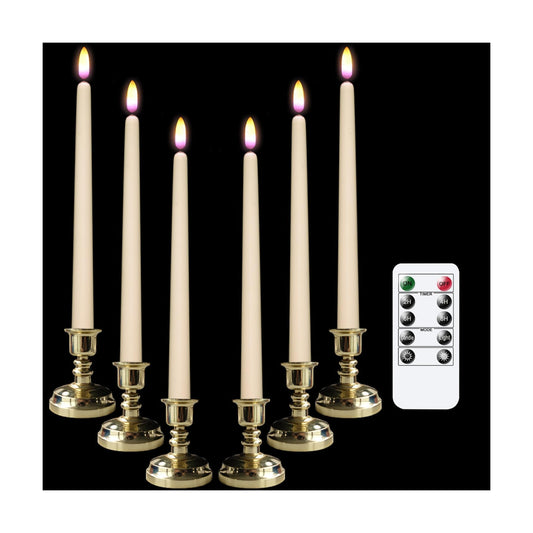 Flameless Window Taper Candles Battery Operated with Remote Timer | 3D Wick Flickering Ivory LED Candlesticks, Gold