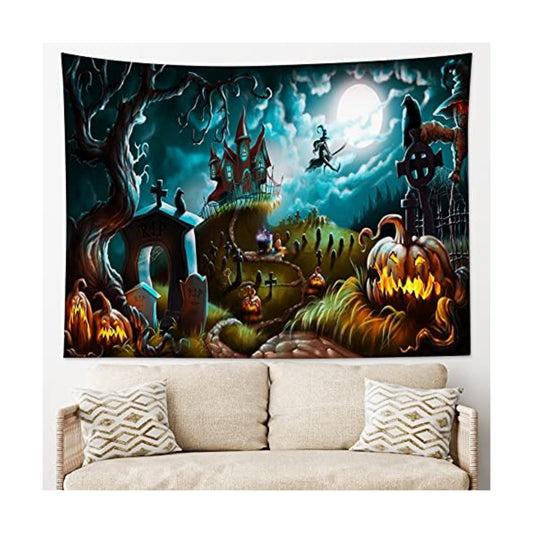 HVEST Halloween Pumpkin Graveyard Tapestry Terror Pumpkin Jack-O-Lantern Wall Decor Witch on Broom Run to Moon Tapestry Night Sky Castle Wall Art for Bedroom Home Dorm Halloween Decor 59Wx51H inches
