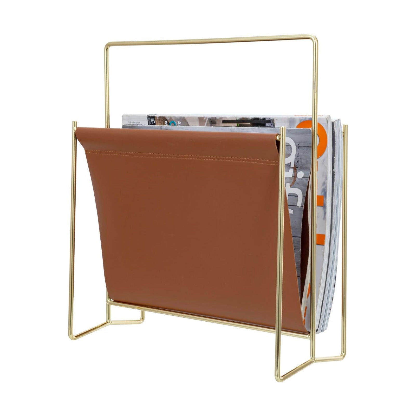 MyGift 13 inch Modern Caramel Leatherette Magazine Holder Floor Standing Sling Style Rack with Brass Tone Metal Frame
