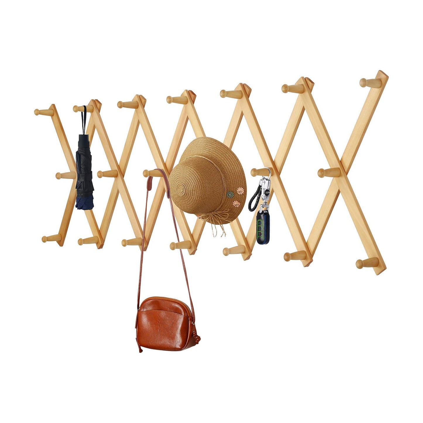 Accordian Wall Hanger: 16” High Wooden Wall Expandable Coat Rack, Hat Rack Holder, Accordion Hook for Baseball Caps
