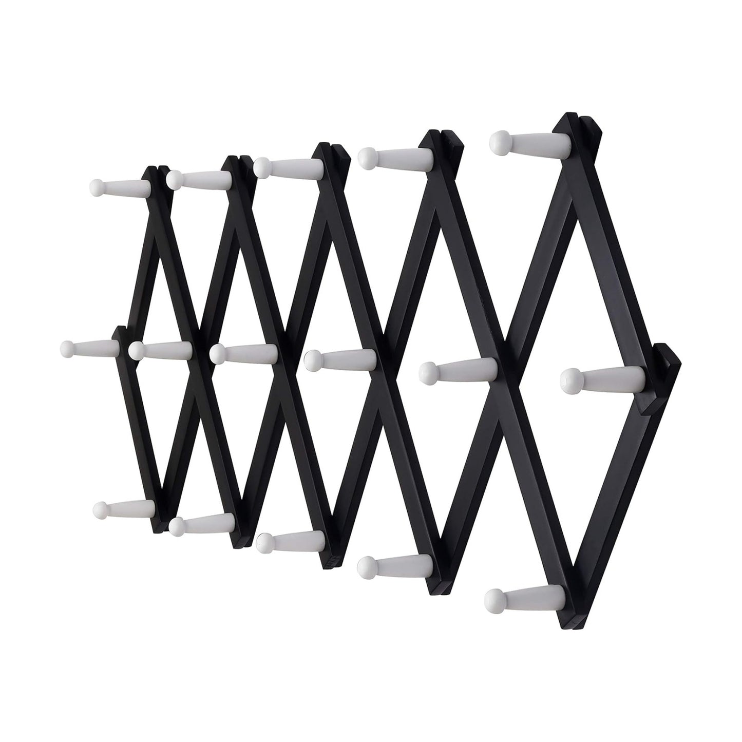 Accordian Wall Hanger: Wooden Coat Rack Wall Mounted, Hat Racks for Baseball Caps, Mug Rack, 16 Peg Hooks, Black & White
