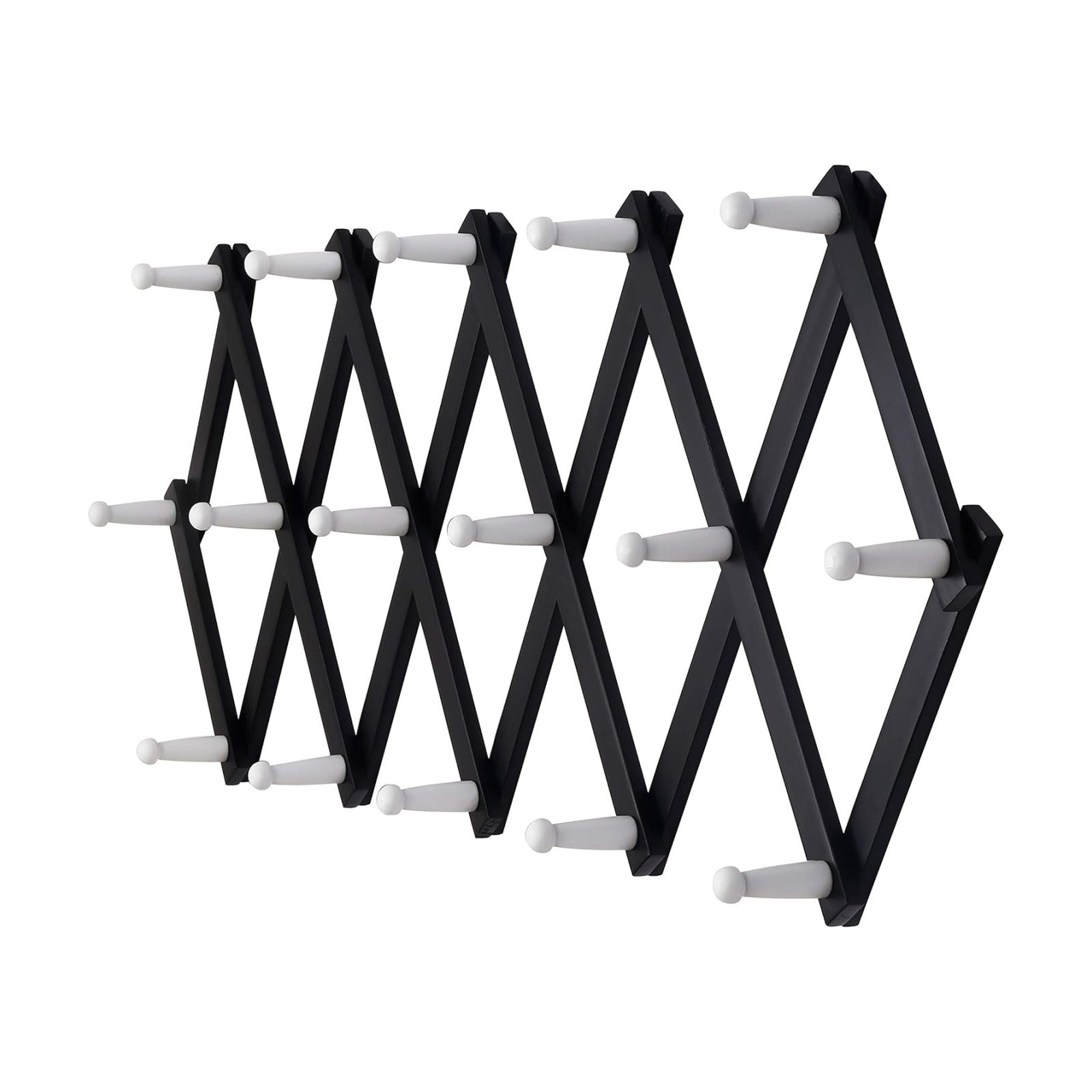 Accordian Wall Hanger: Wooden Coat Rack Wall Mounted, Hat Racks for Baseball Caps, Mug Rack, 16 Peg Hooks, Black & White