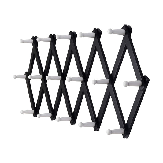 Accordian Wall Hanger: Wooden Coat Rack Wall Mounted, Hat Racks for Baseball Caps, Mug Rack, 16 Peg Hooks, Black & White