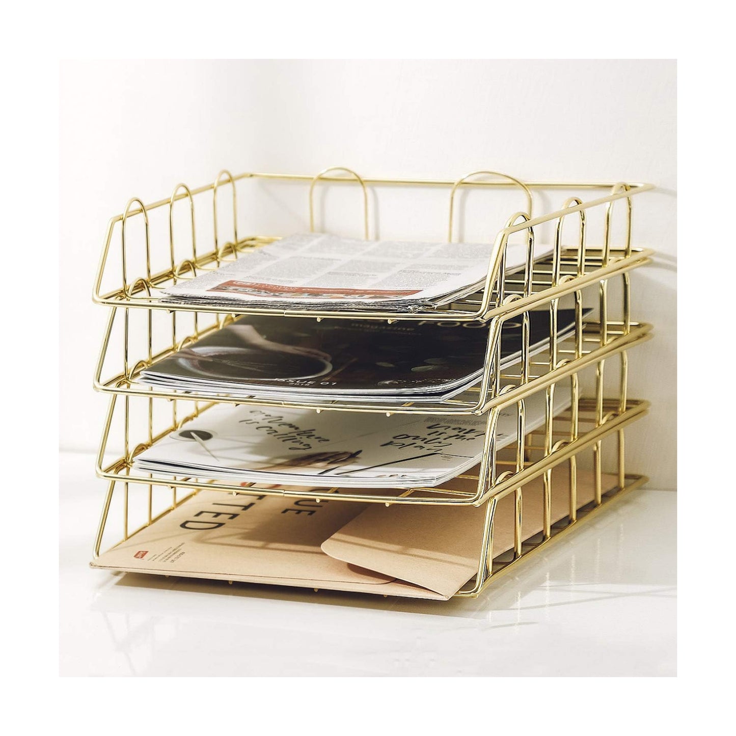 Gold 4-Tier Stackable Paper Tray Desk Organizer | Workspace Decorative Stacking Rack Supplies Holder, Metal Letter