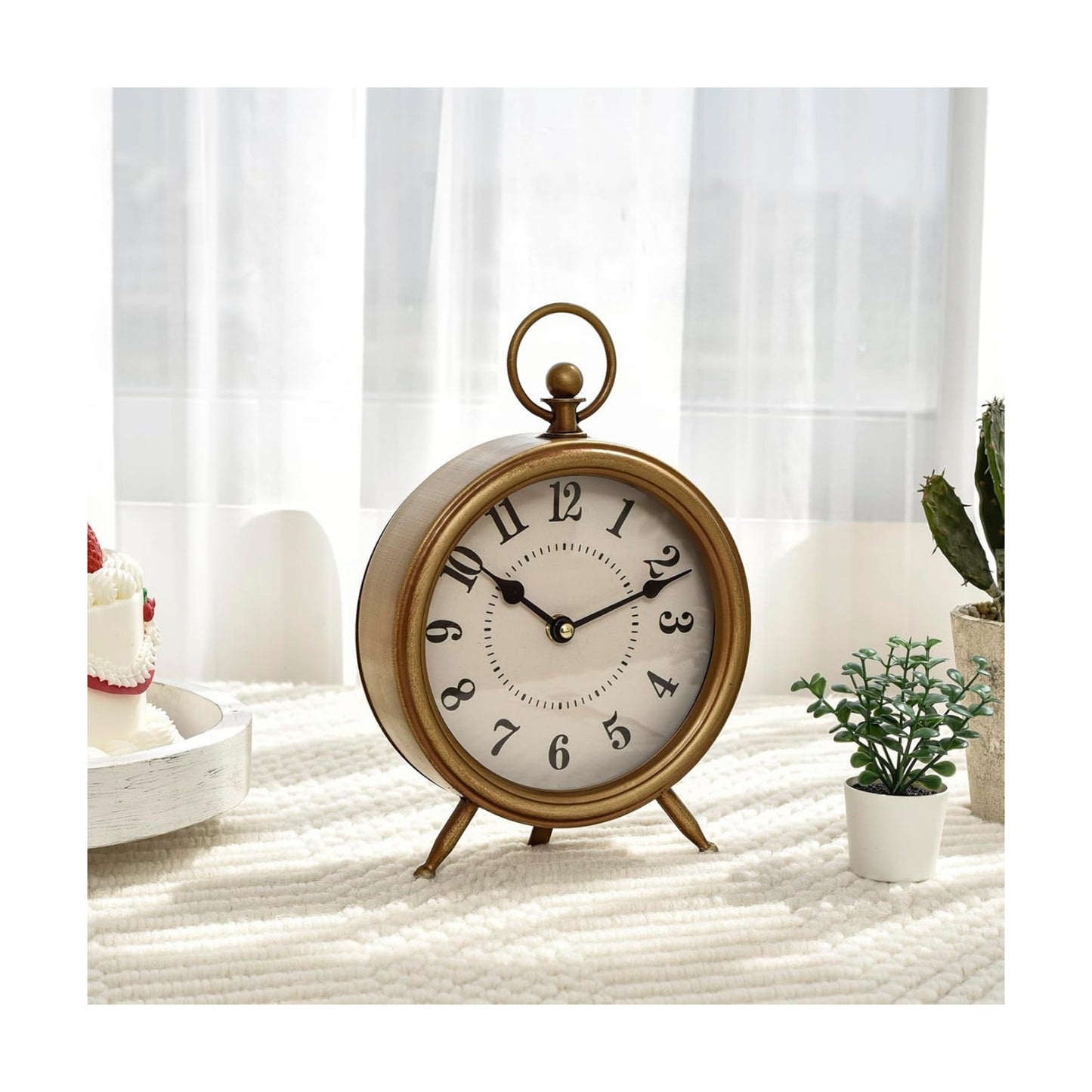 Metal Frame / Vintage Table Clock on Stand / Gold / 10.5"H