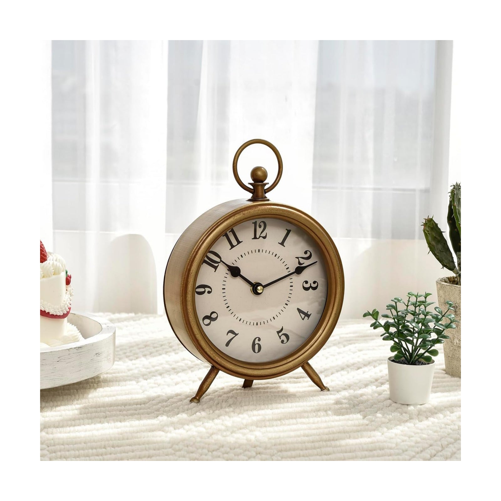 Metal Frame / Vintage Table Clock on Stand / Gold / 10.5"H