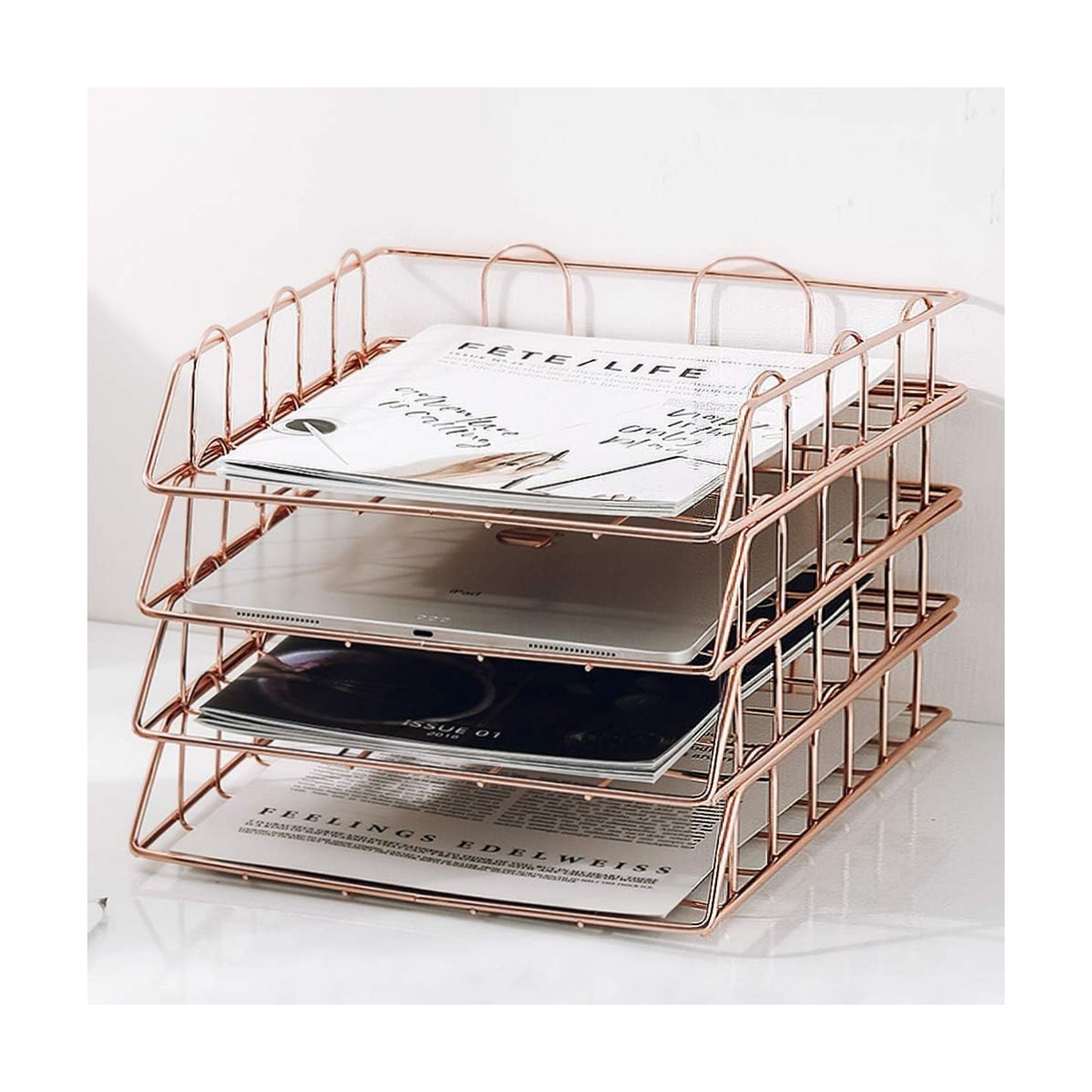Rose 4-Tier Stackable Paper Tray Desk Organizer | Workspace Decorative Stacking Rack Supplies Holder, Metal Letter