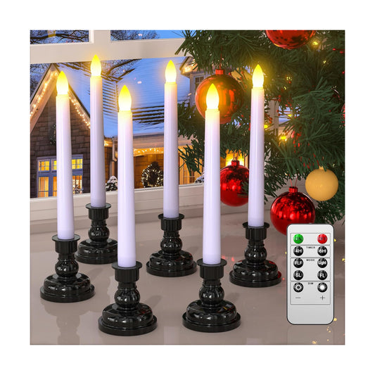 PChero LED Taper Candles with Remote Timers, 6 Pack | Flameless, Battery Operated, Flickering, Candlestick Holders