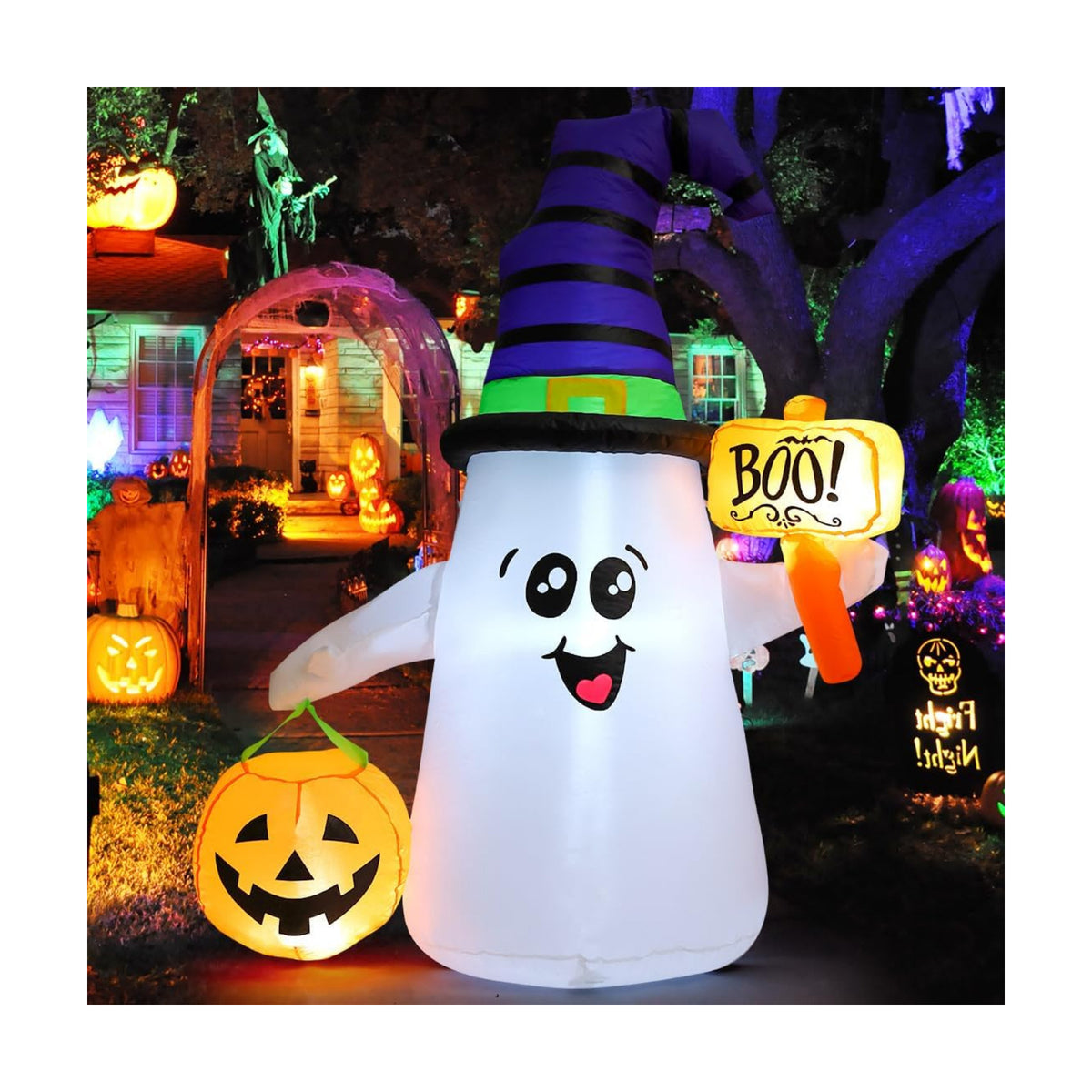 GOOSH 5 FT Halloween Inflatables Ghost Outdoor Decorations Blow Up Yard Cute Wizard Ghost with Pumpkin with Built-in LEDs for Garden Lawn Indoor Party Holiday Decor
