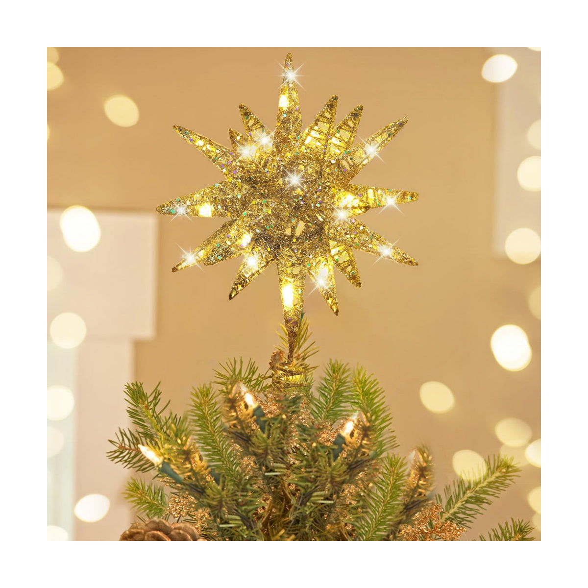 Luxspire Christmas Tree Topper, 11" 3D Starburst Tree Star, Champagne Gold